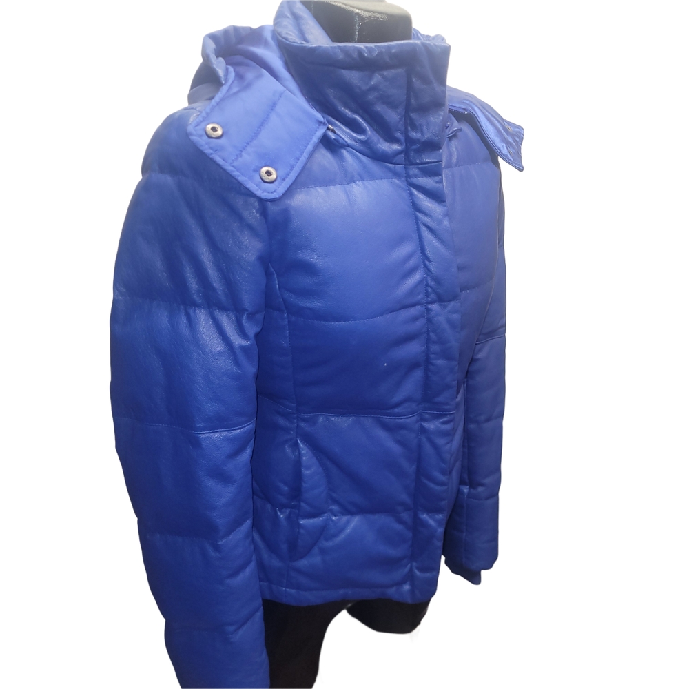 Danier Cobalt Blue Leather Down Quilted Puffer Jacket Size 2XS - Picture 4 of 10
